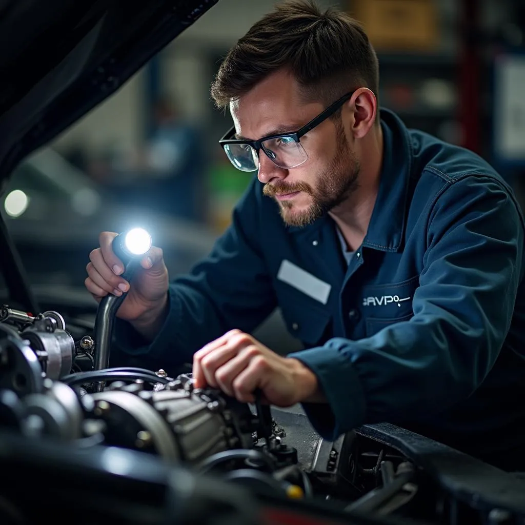 Mechaniker untersucht Schaltgetriebe