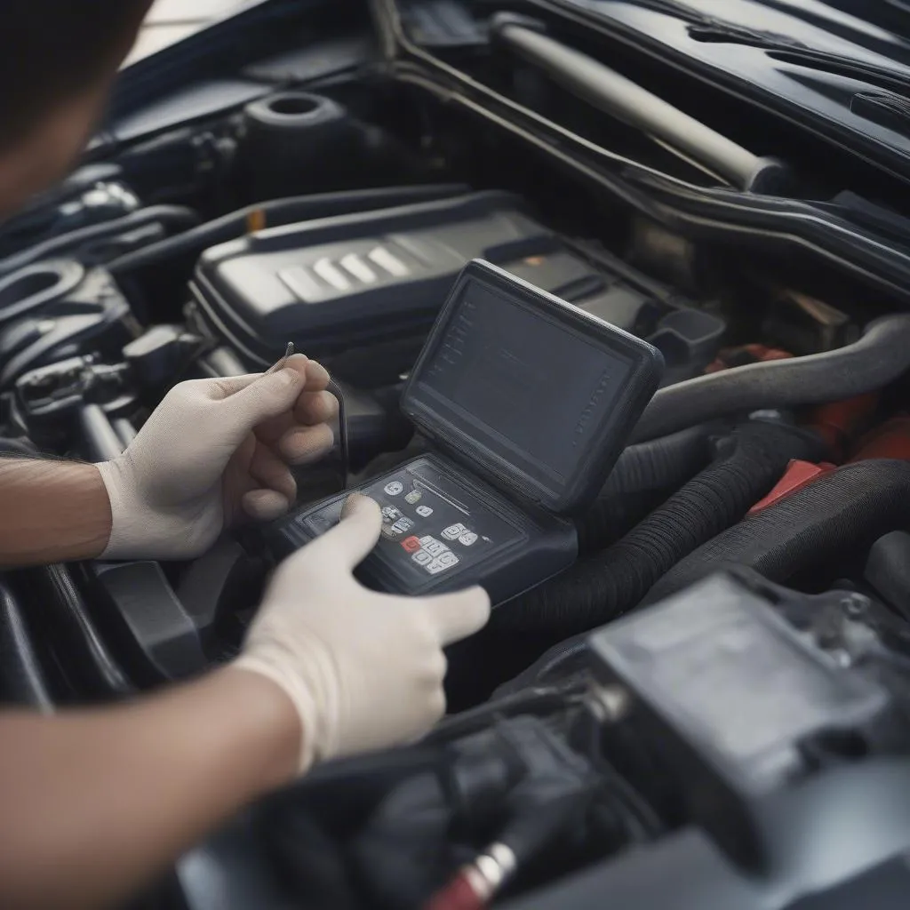 Mechaniker verwendet Gjemax Diagnosegerät am Motor