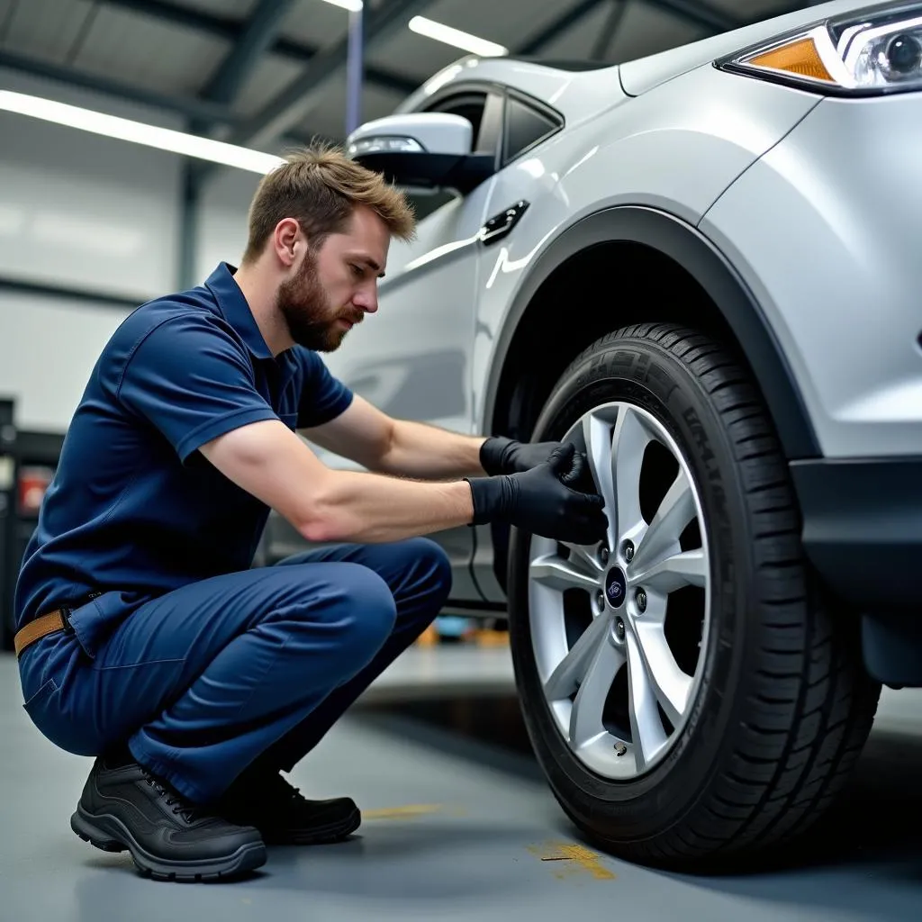 Mechaniker wechselt Ford Reifen in Werkstatt