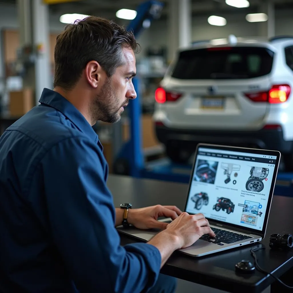 Mechaniker mit Laptop in der Werkstatt