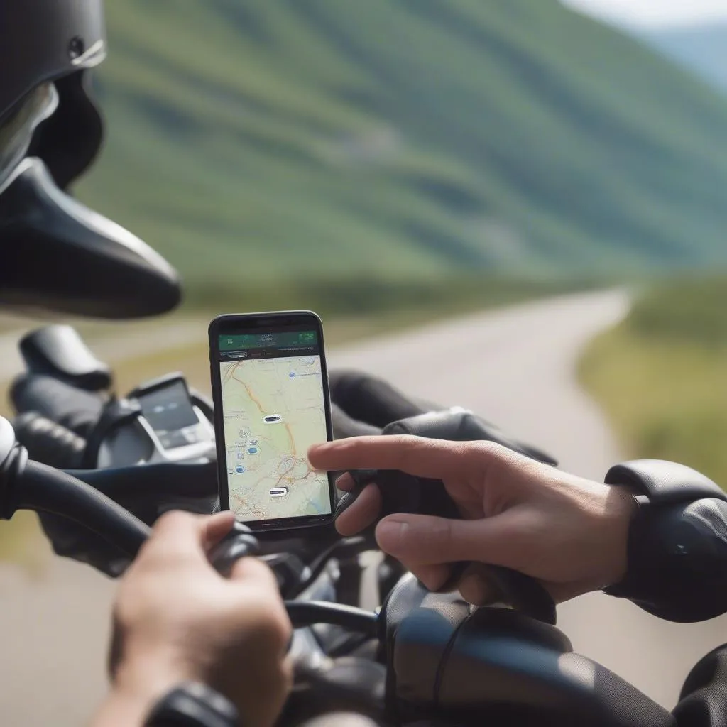 Motorradfahrer plant Route mit App