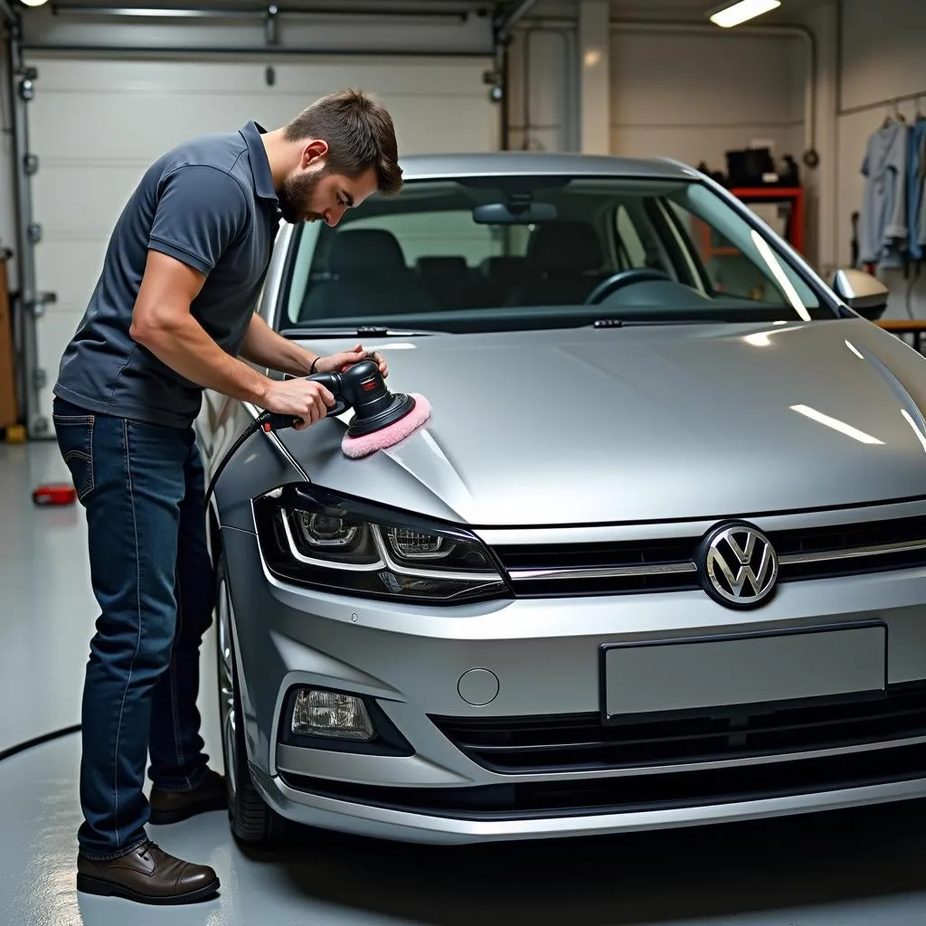 Ein VW Polo in Rauchgrau Metallic wird in einer Garage poliert.