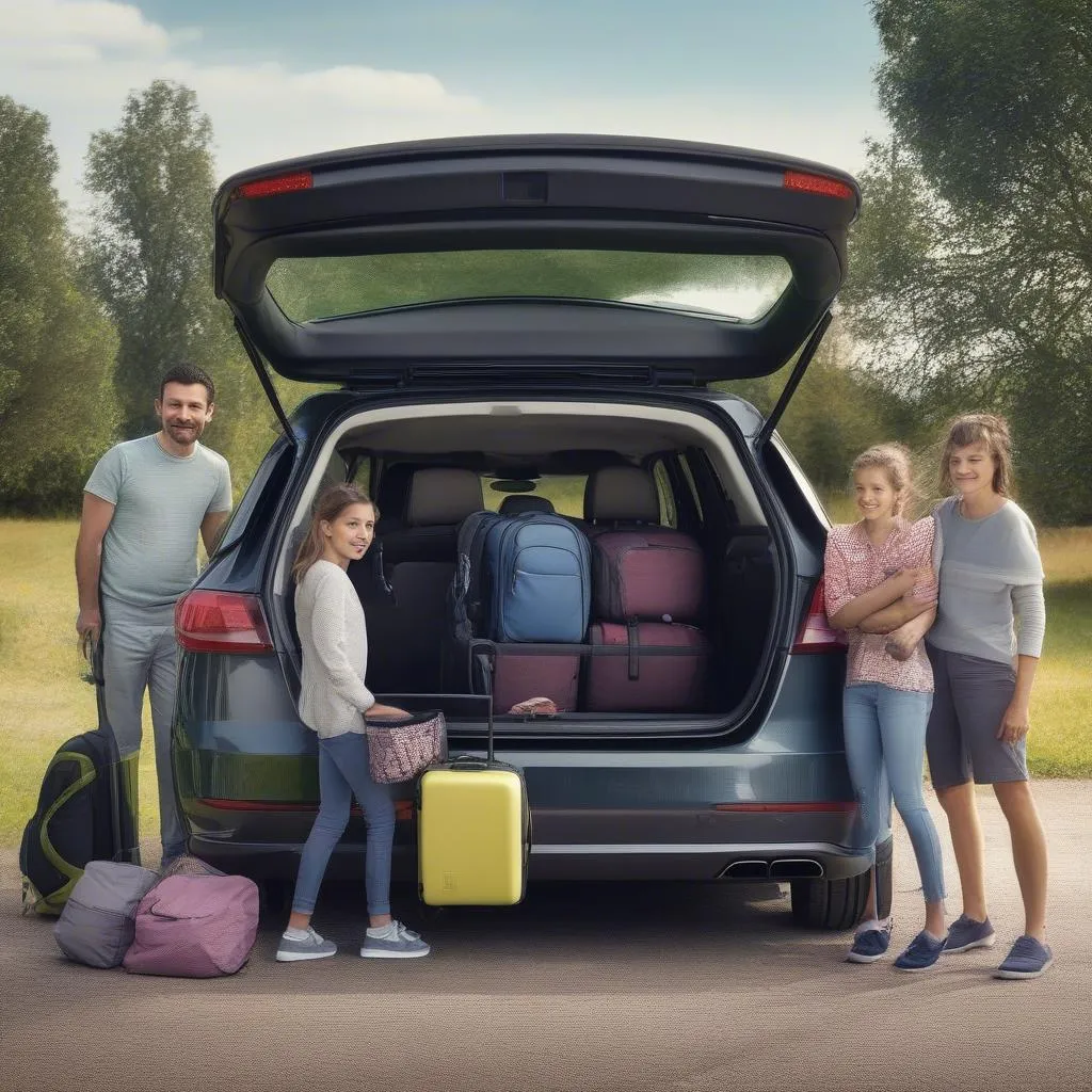 Familie mit Gepäck am Auto