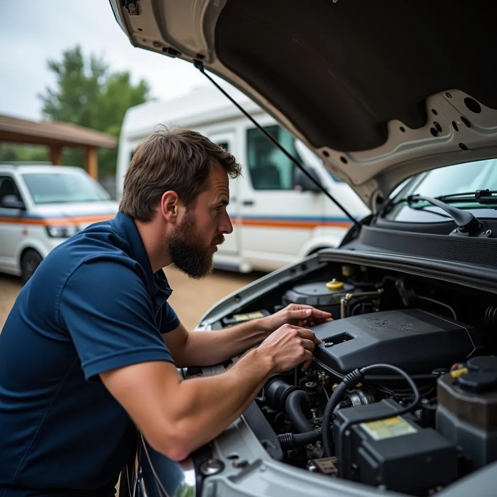 Motorcheck bei einem US Van Camper