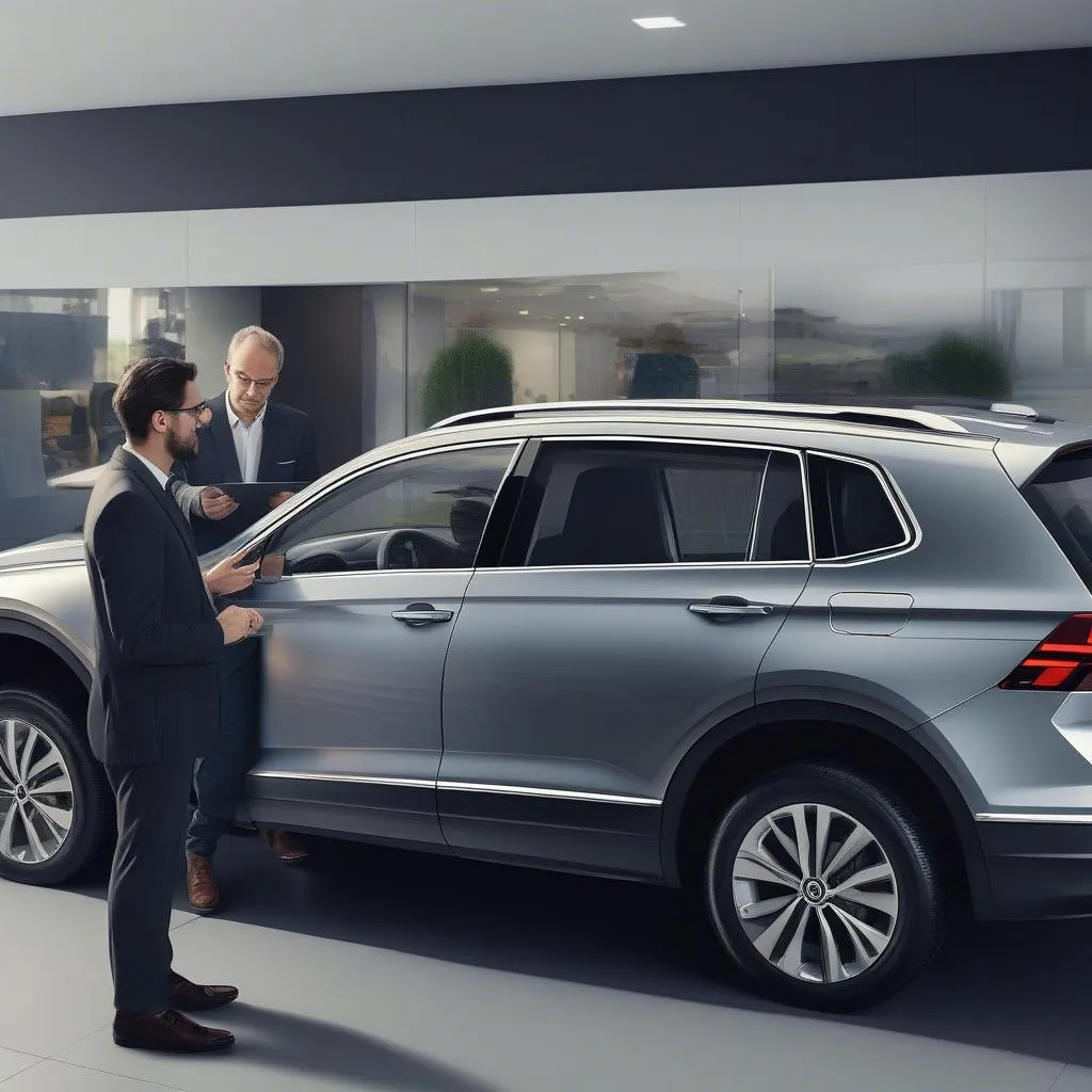 VW Händler und Kunde bei der Konfiguration des neuen VW Tiguan Allspace