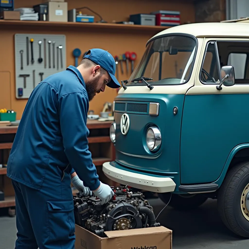 VW T1 Bus Motorwartung in der Werkstatt