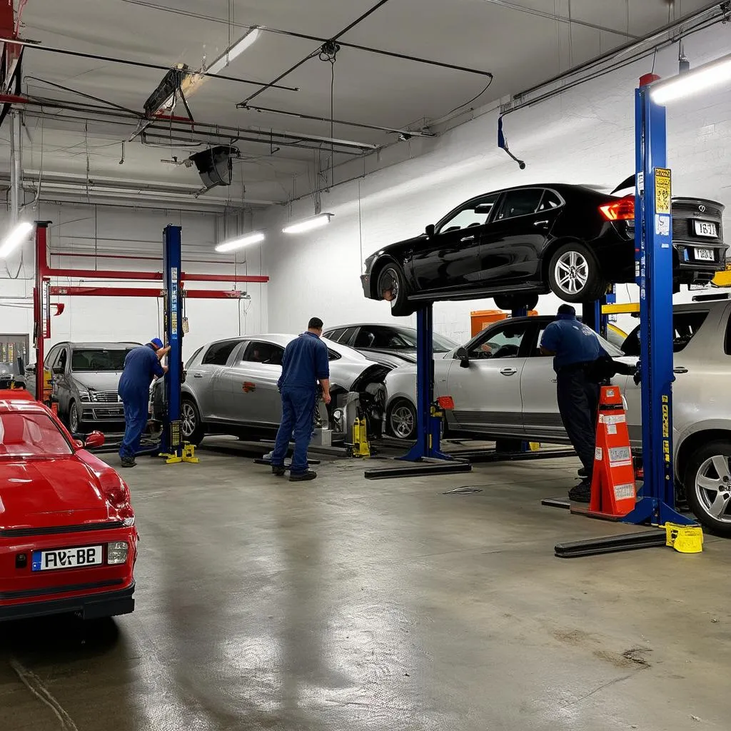 Moderne Autowerkstatt mit Hebebühnen und Werkzeugen