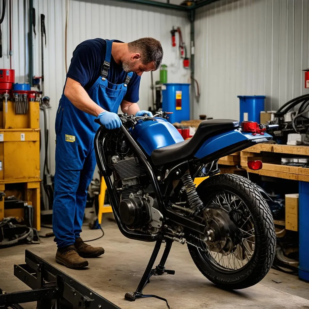 Reparatur eines leichten Motorrads in der Werkstatt