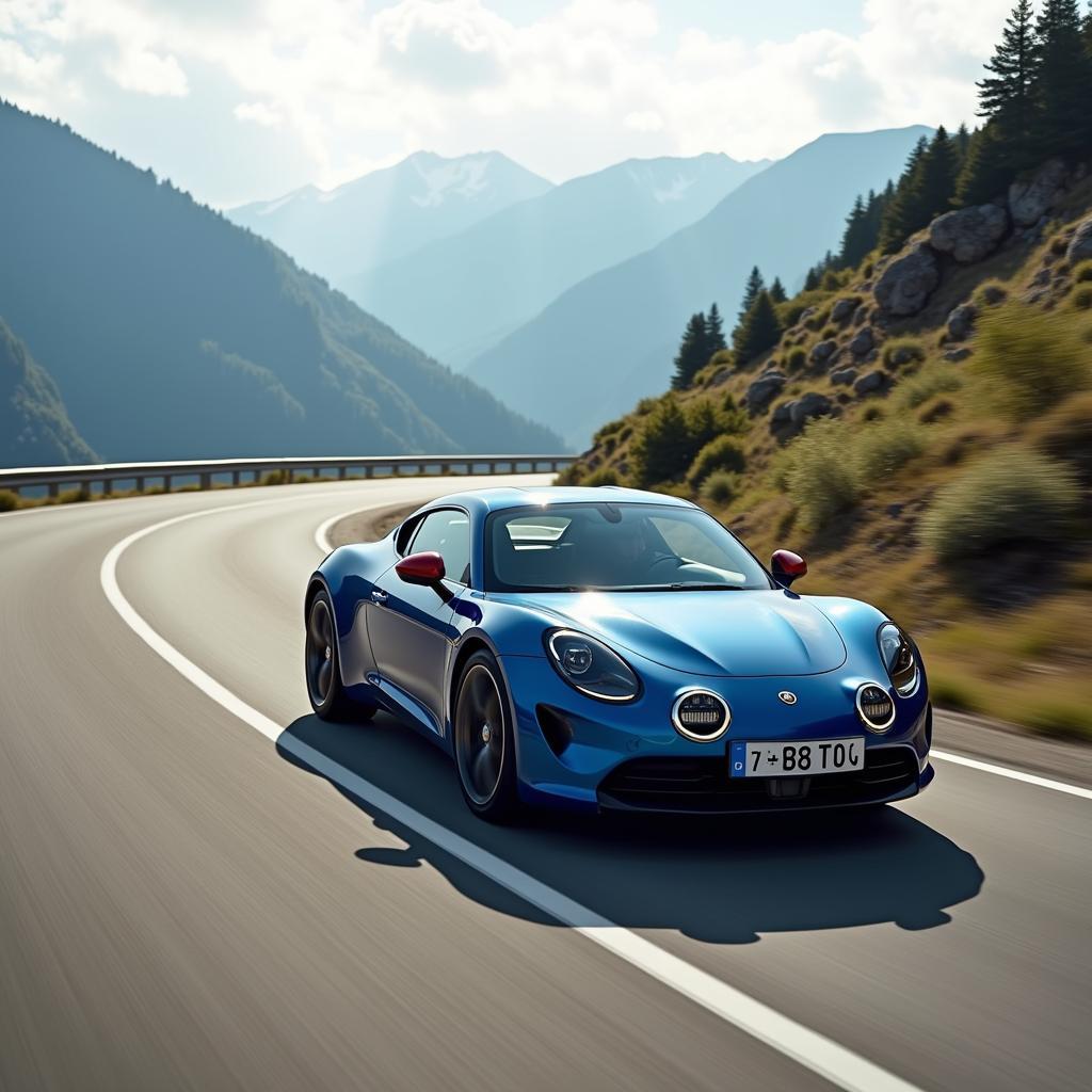 Alpine A110 GT fährt auf einer Bergstraße