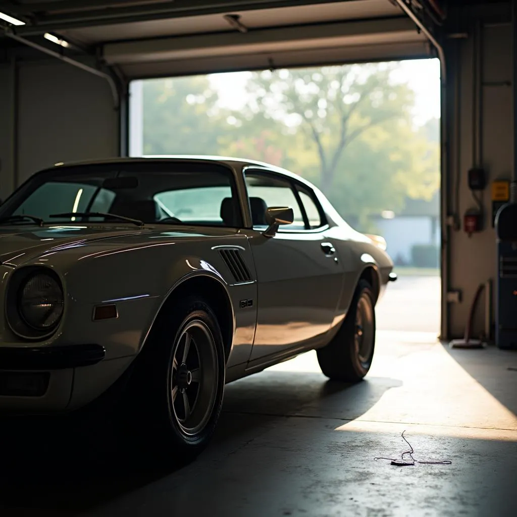 Auto in Garage mit Sonnenschutz