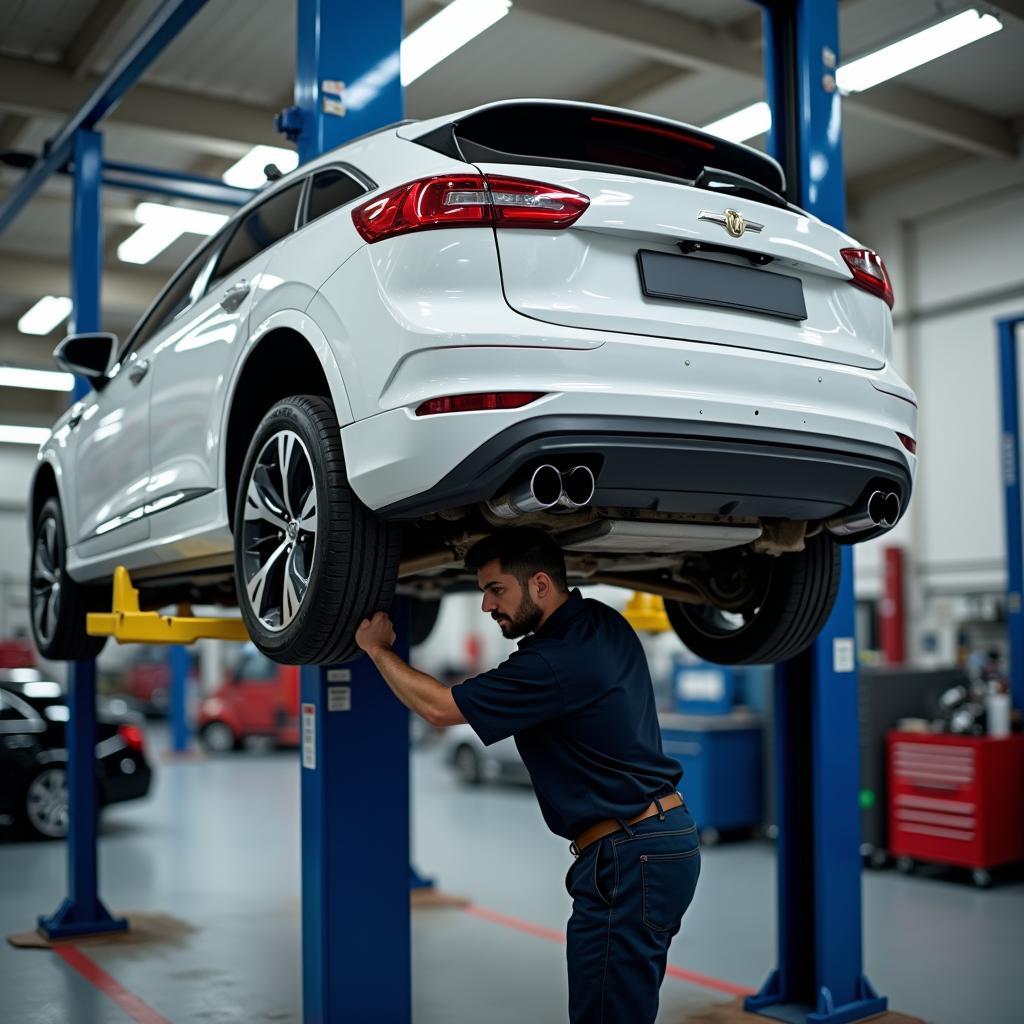 Ein Auto wird in einer Werkstatt repariert