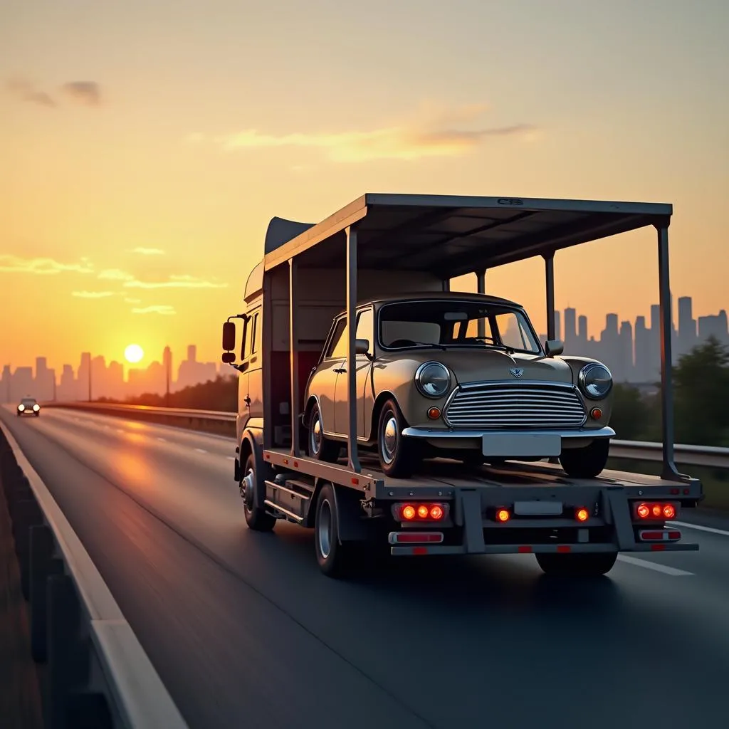 Auto Transport England Deutschland: LKW mit Anhänger beladen mit einem Auto