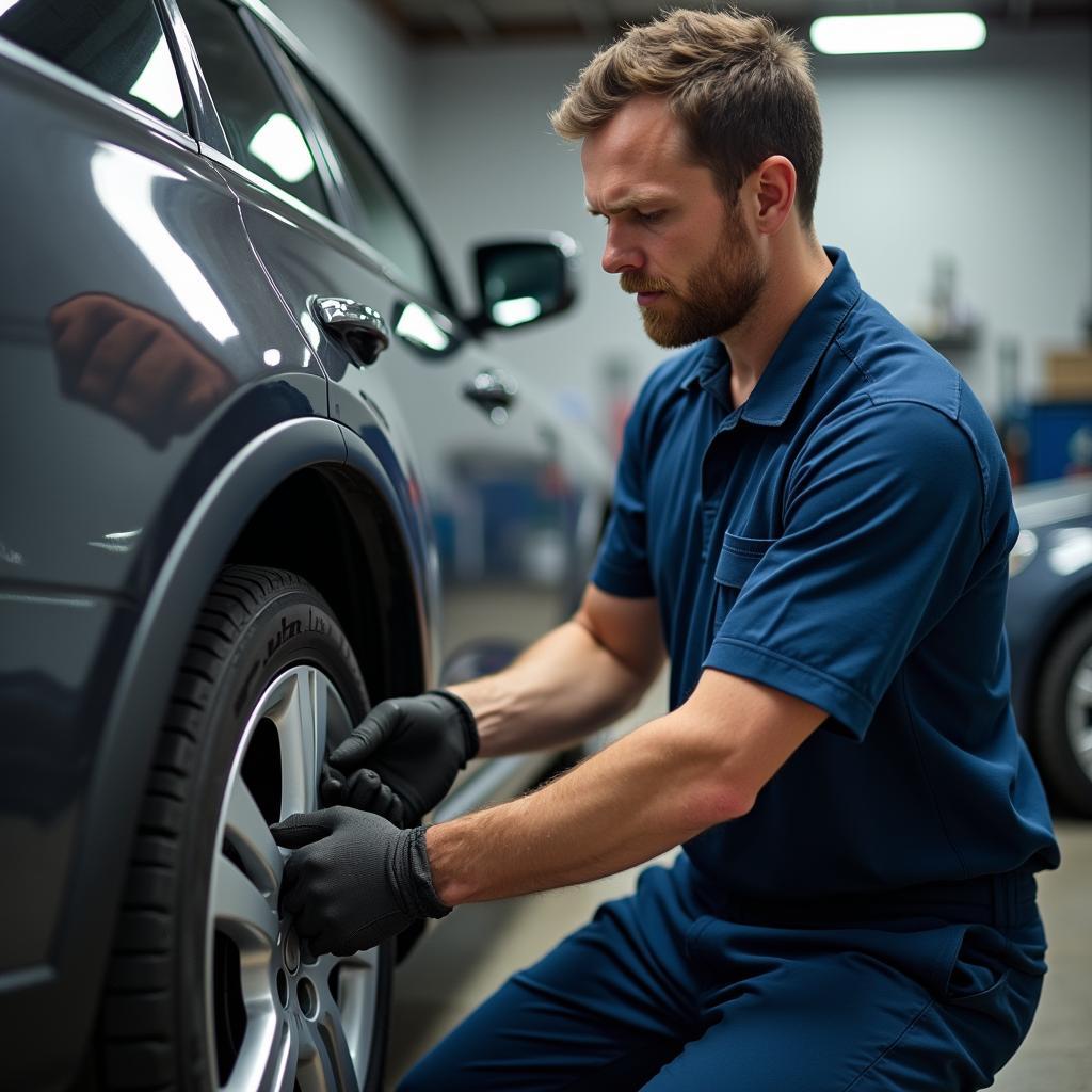 Ein Mechaniker wechselt Reifen in einer Autowerkstatt