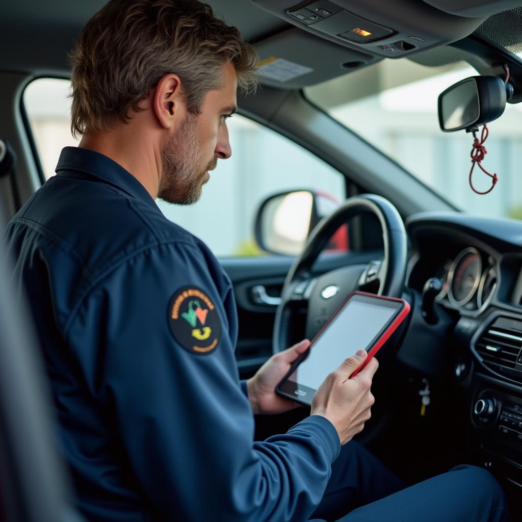 Automechaniker mit Diagnosegerät