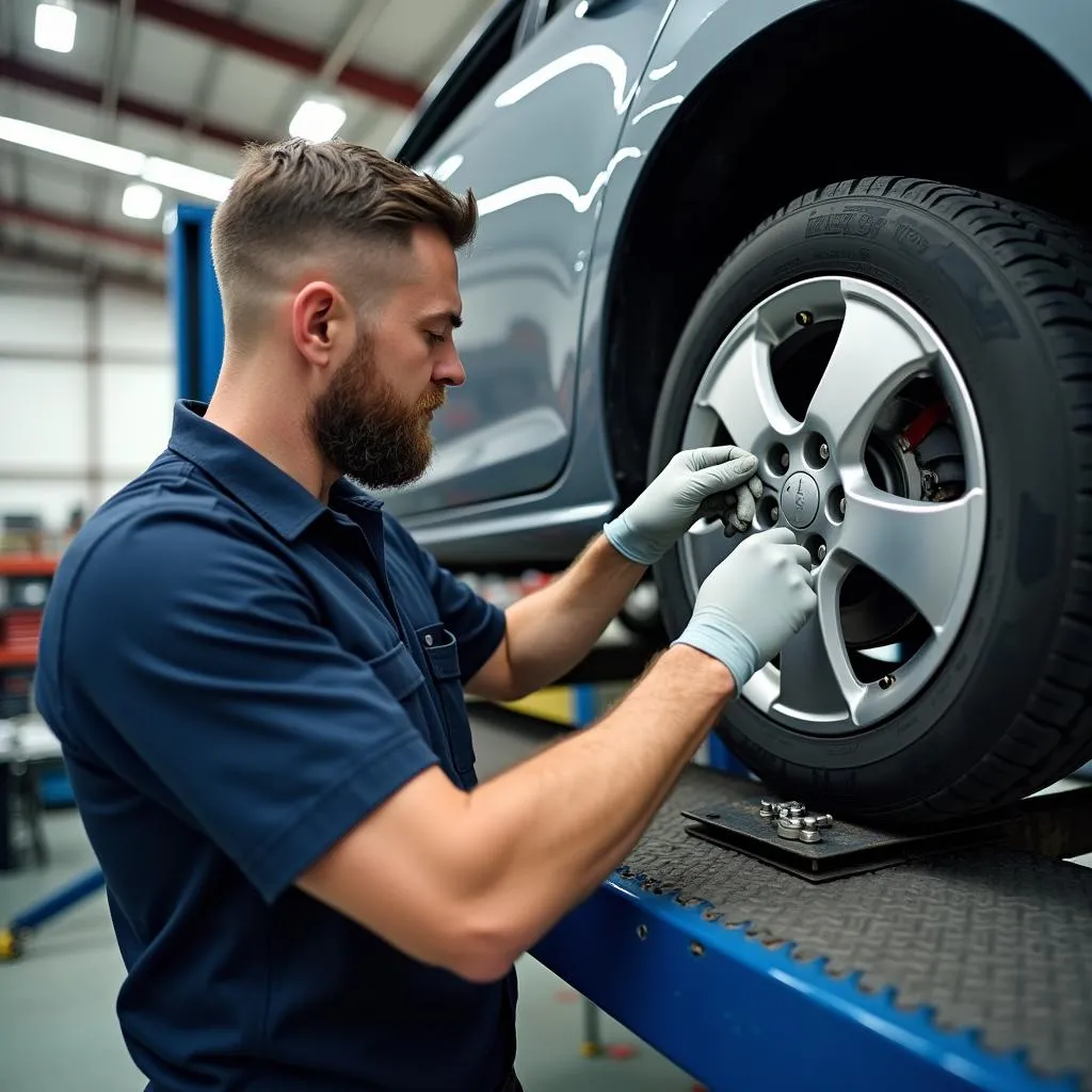 Automechaniker repariert Rad