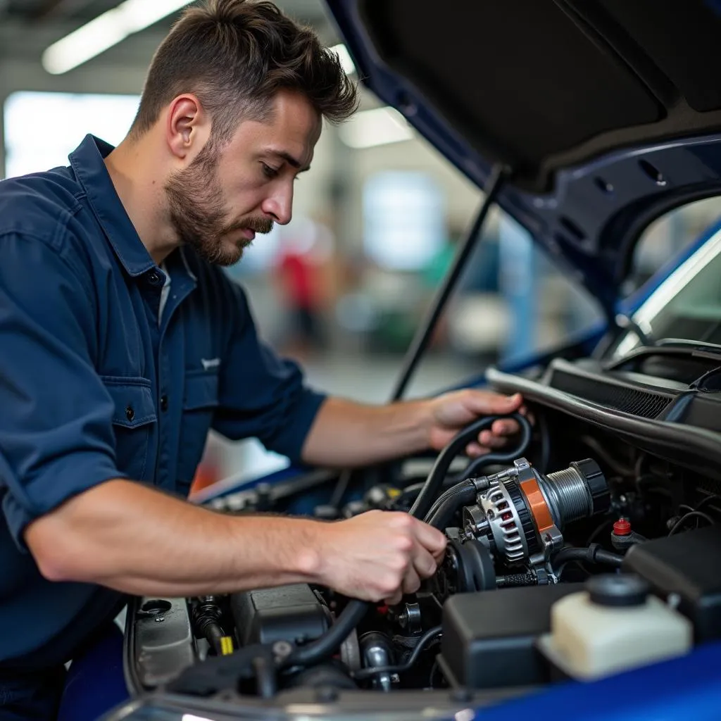 Automechaniker wechselt Riemen