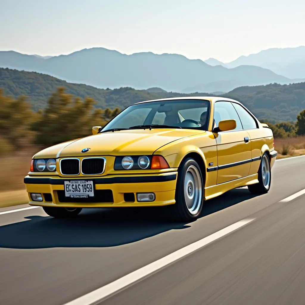 BMW E36 in Dakargelb fährt auf einer Straße