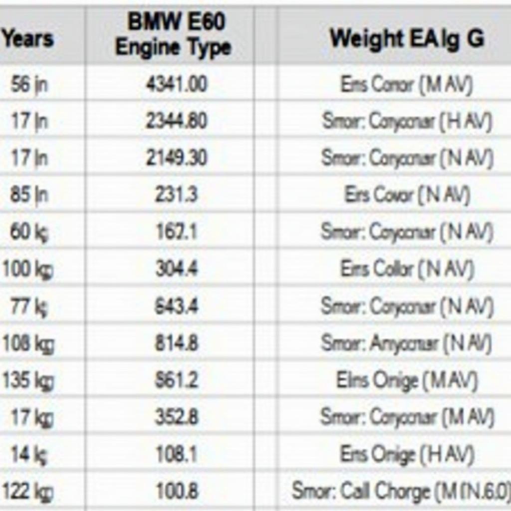 BMW E60 Gewichtstabelle