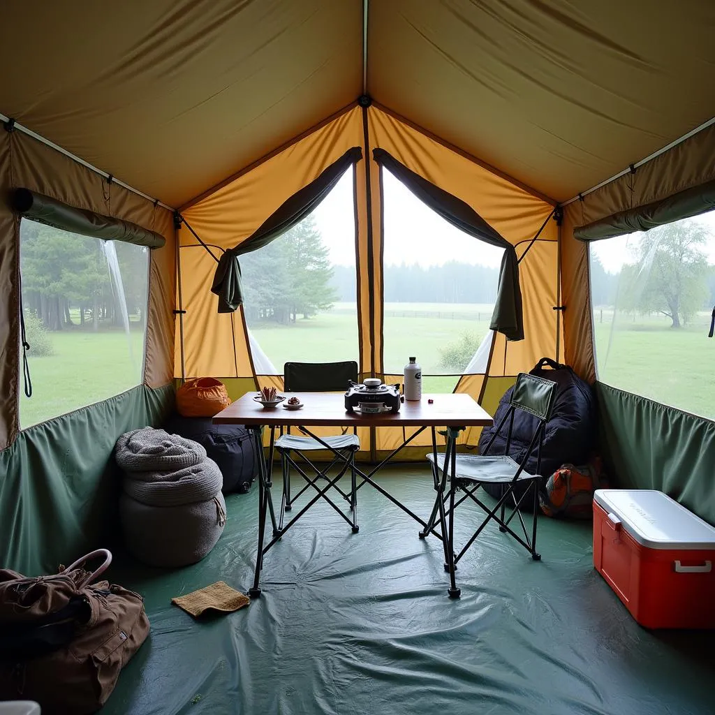 Campingausrüstung in einem Vorzelt