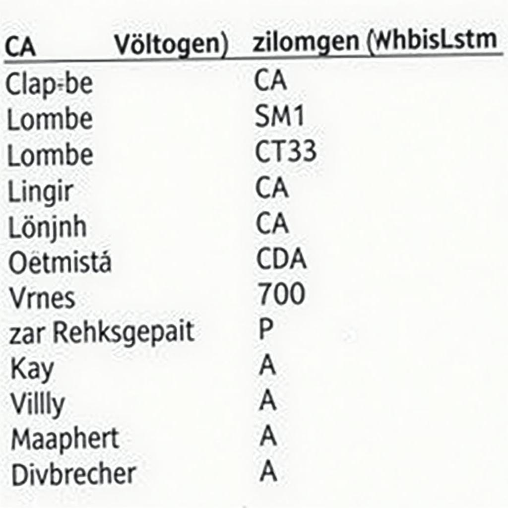 Chevrolet CA Fahrzeugcodes