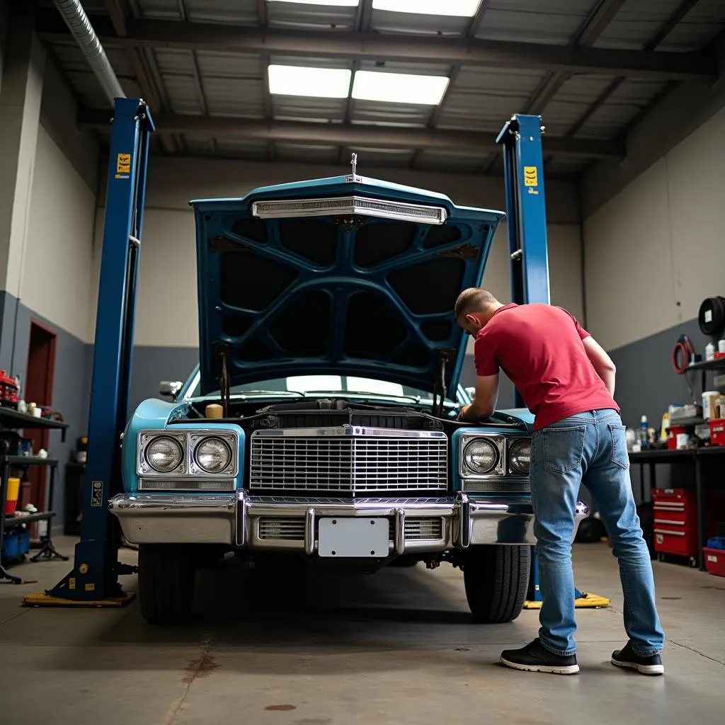 Ein Mechaniker arbeitet an einem Oldtimer