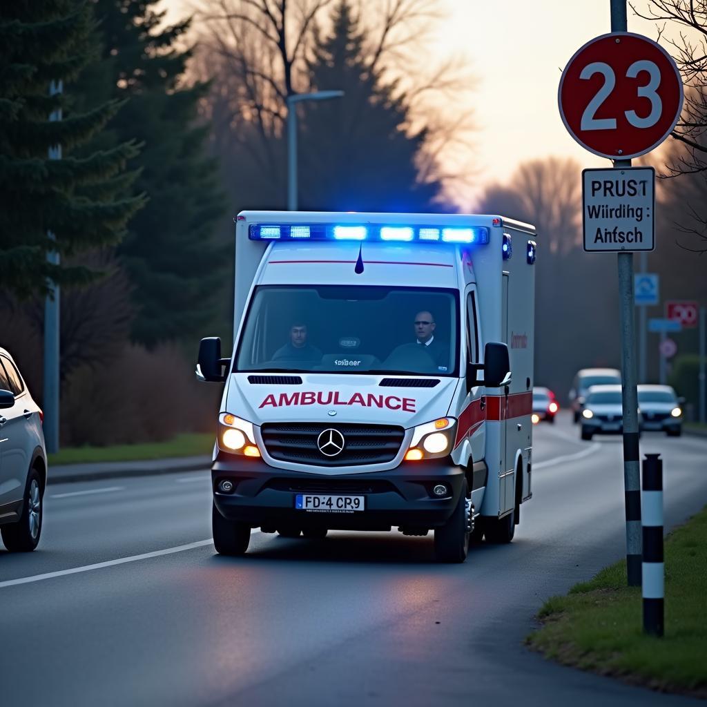 Einsatzfahrzeug mit Blaulicht in 23 km/h Zone