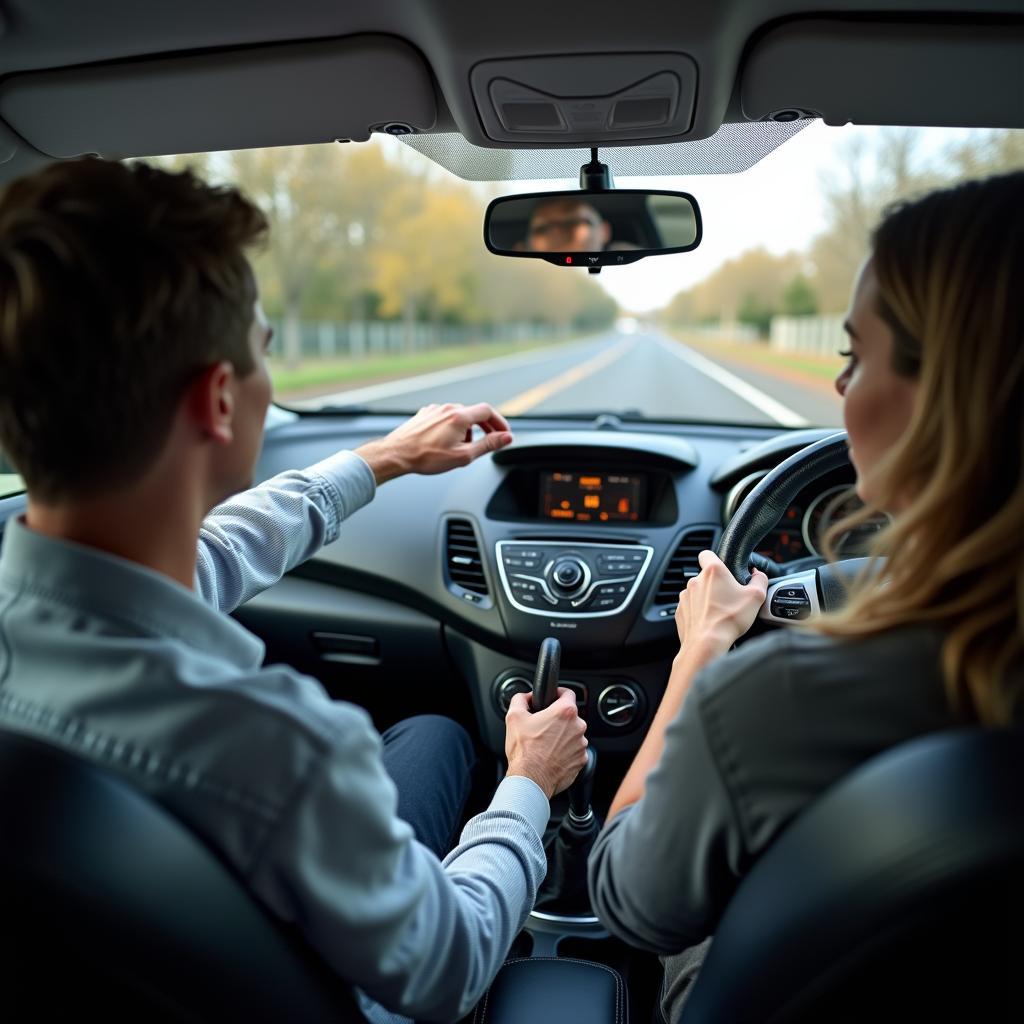 Fahrlehrer und Fahrschüler im Auto mit Doppelpedalen