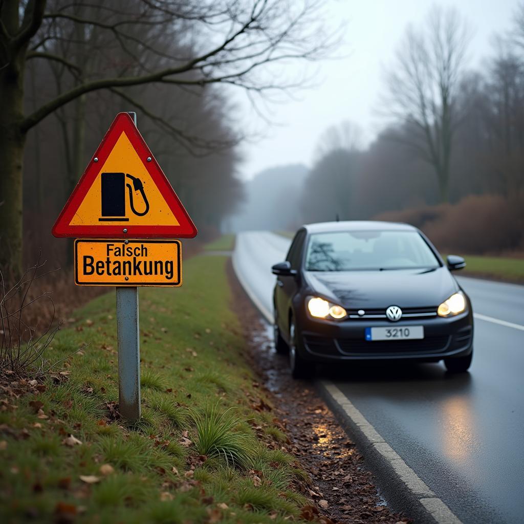 Auto mit Warnschild "Falsch Betankung"