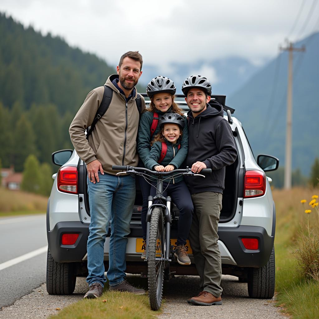 Familie mit Fahrradträger am Auto