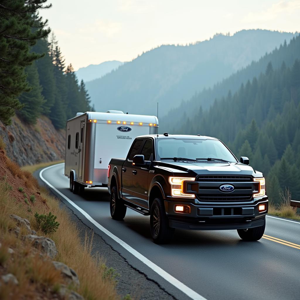 Ford F-150 zieht Anhänger auf einer Bergstraße