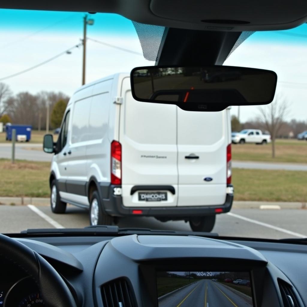 Ford Transit Custom parkt rückwärts in eine Parklücke ein, unterstützt durch die Rückfahrkamera