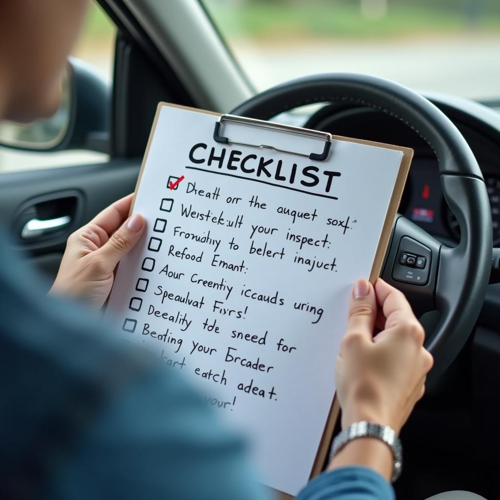 Checkliste für den Gebrauchtwagenkauf: Ein Käufer hält eine Checkliste in der Hand und untersucht ein Auto.