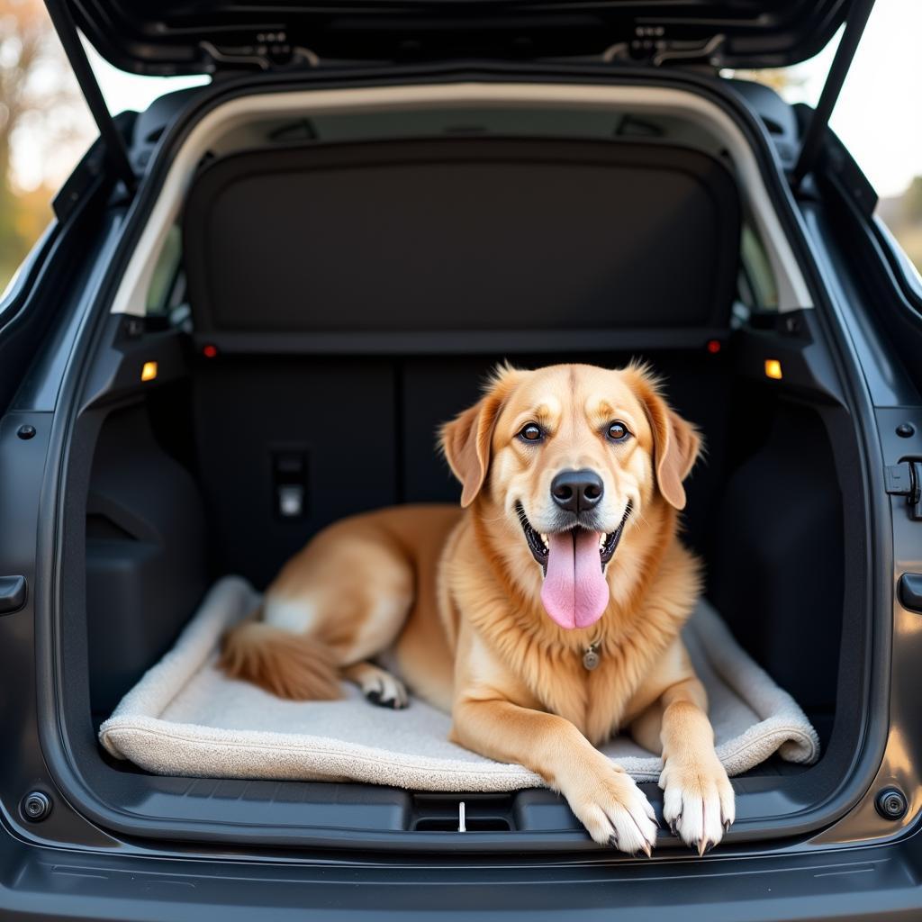 Glücklicher Hund in einer Hundebox im Opel Mokka