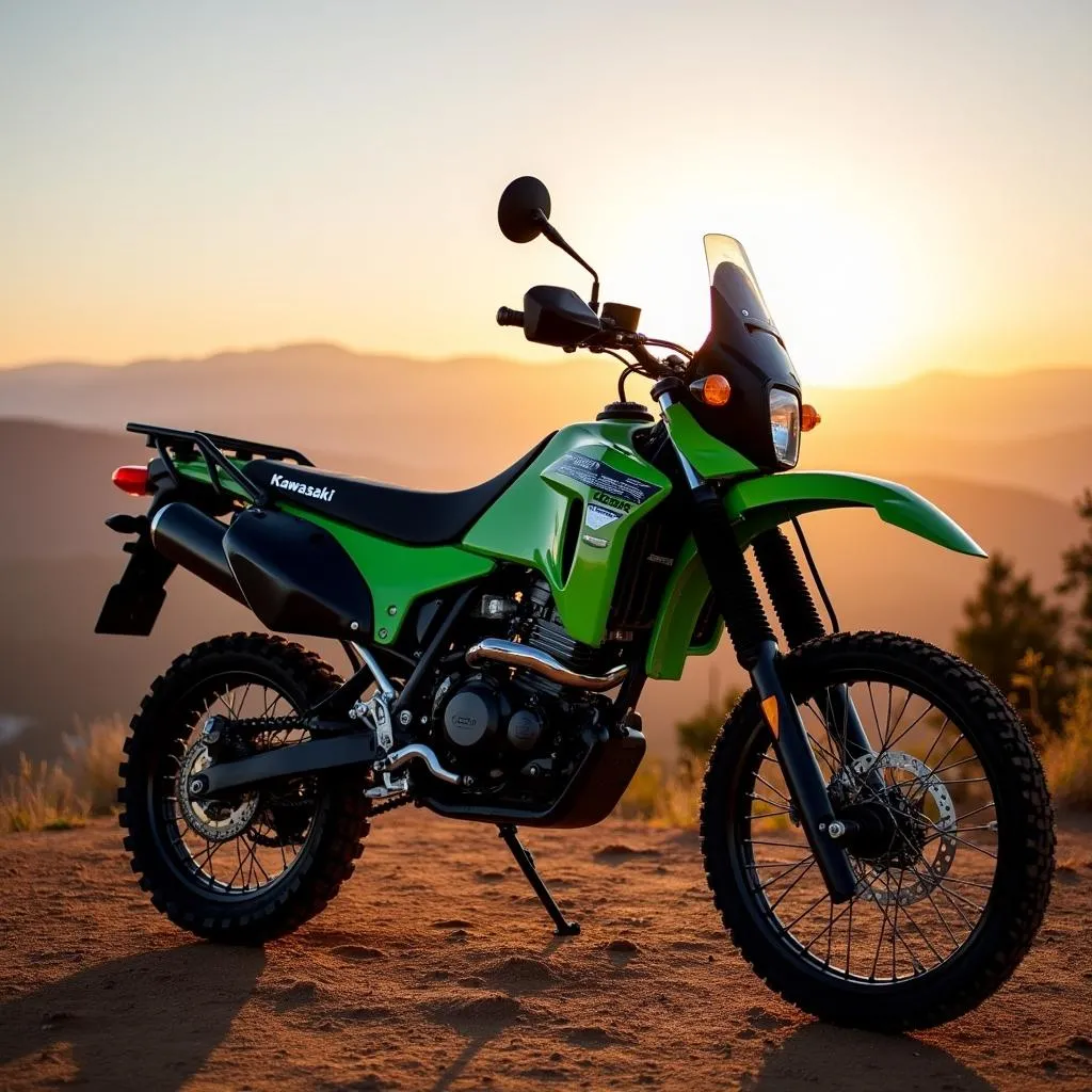 Kawasaki KLX 300 auf einem Berg mit Blick auf eine malerische Landschaft