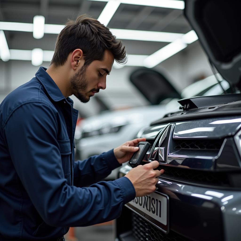 Ein Kfz-Mechaniker verwendet ein Diagnosegerät an einem Mitsubishi-Fahrzeug.