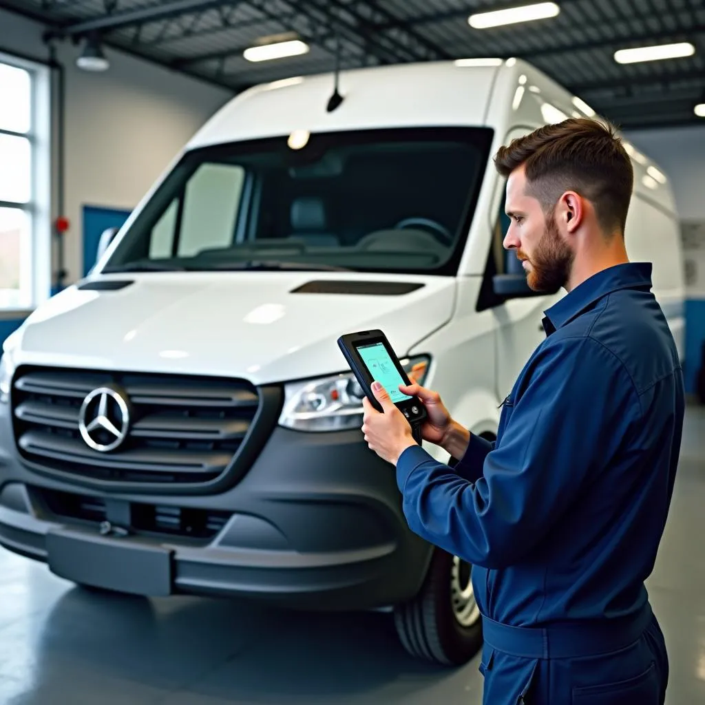 Kfz-Mechatroniker diagnostiziert einen Mercedes eSprinter