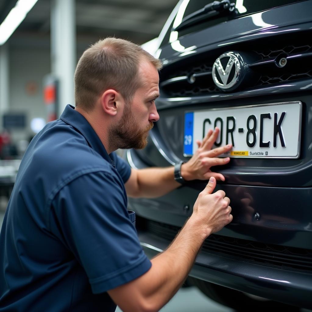 Kfz-Mechaniker überprüft Nummernschild in der Werkstatt