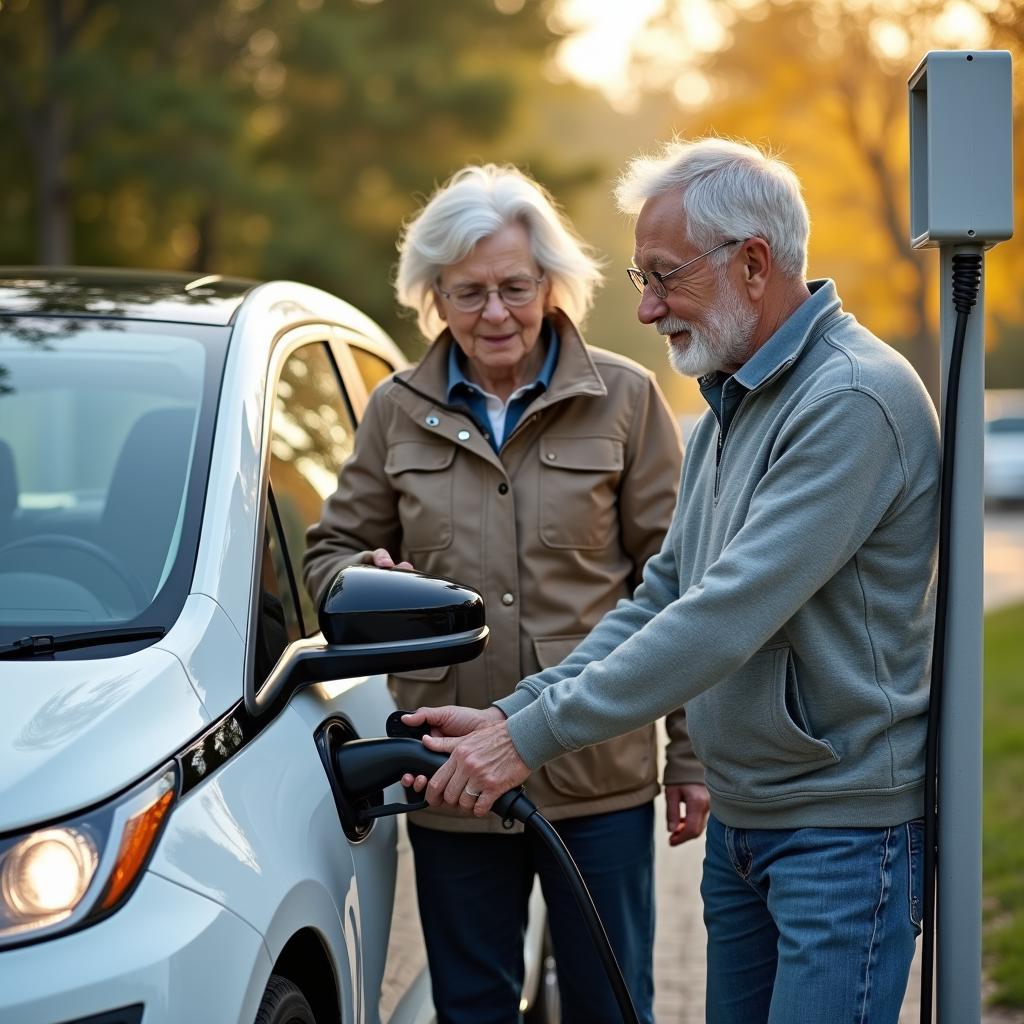 Senioren laden Elektroauto an Ladesäule