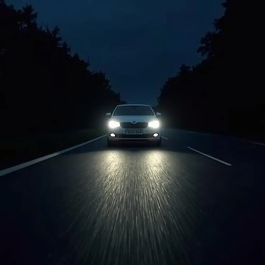 LED-Scheinwerfer leuchten die Straße bei einer Nachtfahrt aus