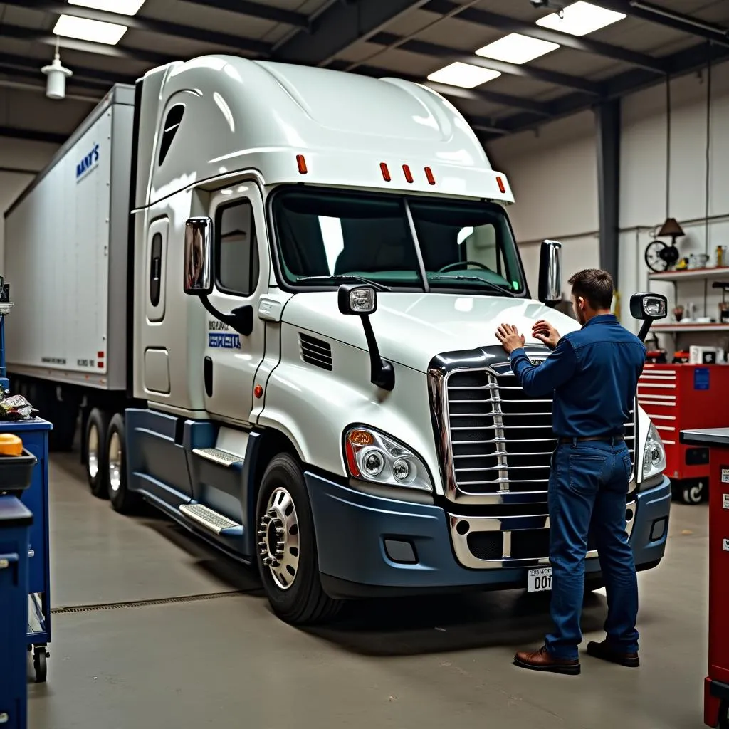 Werkstattansicht mit LKW und Mechaniker