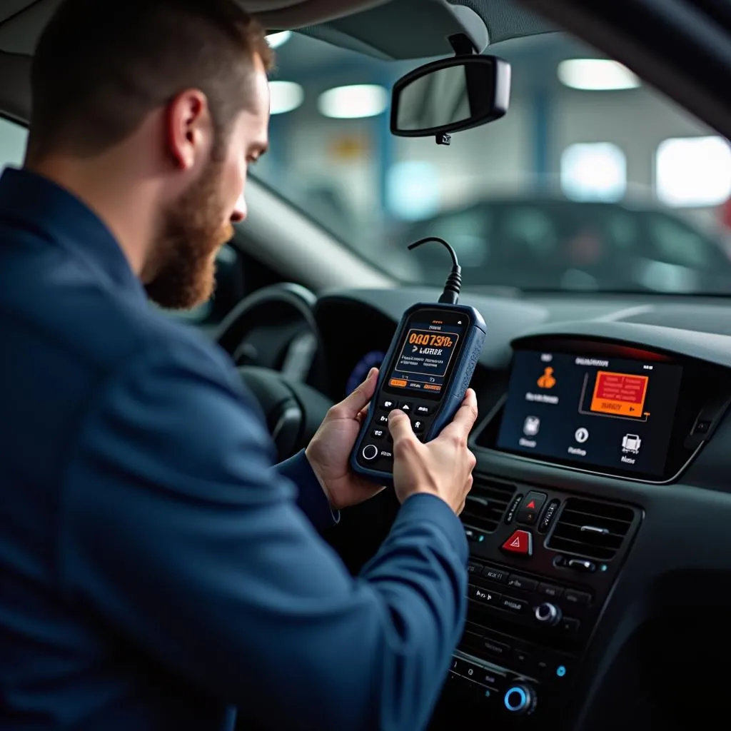 Mechaniker mit Diagnosegerät am Auto