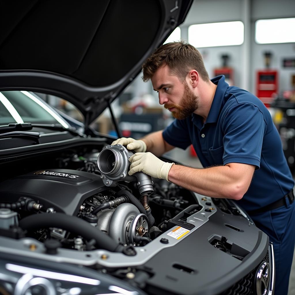 Mechaniker installiert Turbolader an Mazda 3