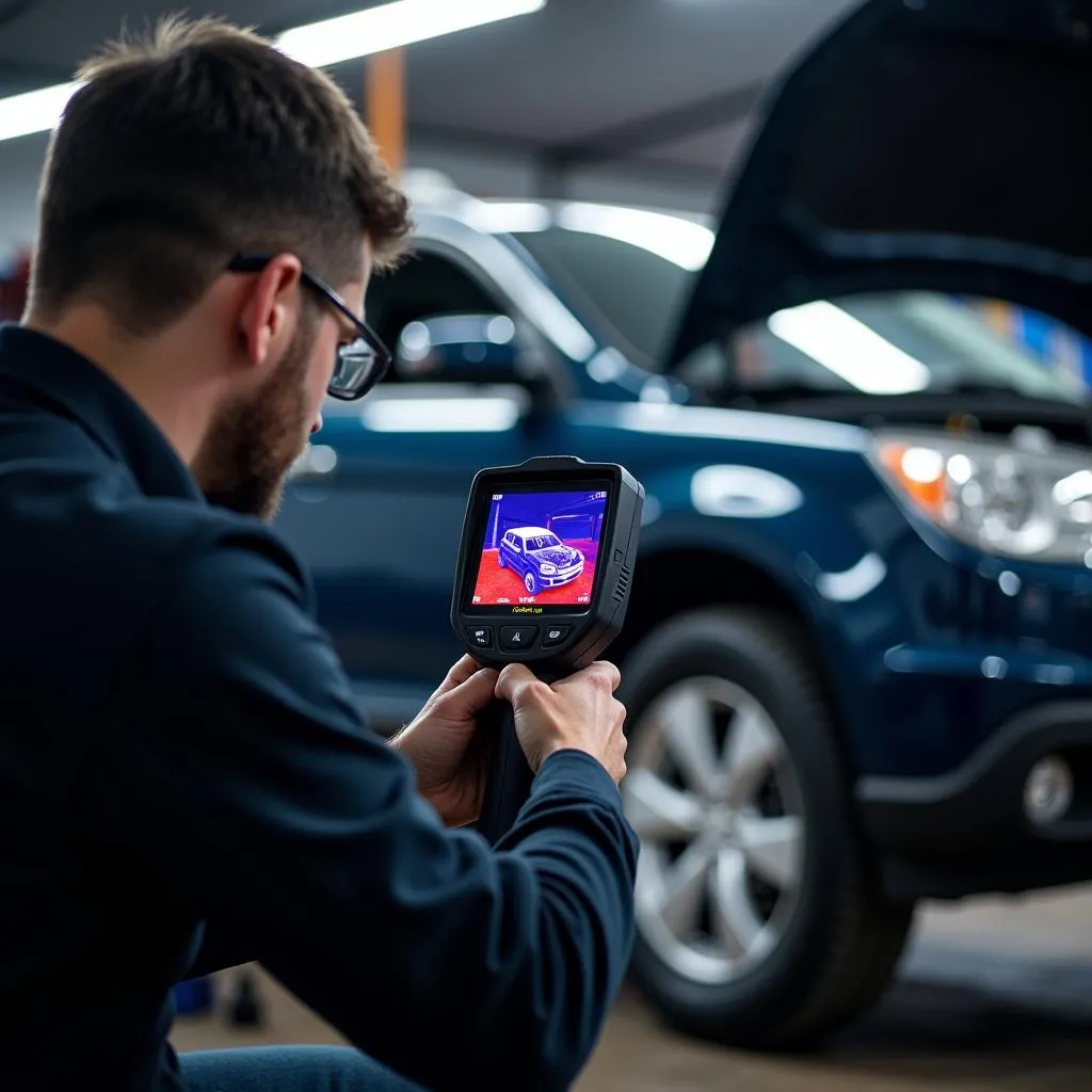 Mechaniker führt eine Inspektion mit einer Infrarot-Wärmebildkamera in der Werkstatt durch.