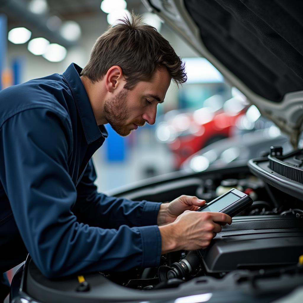 Automechaniker prüft Motor mit Diagnosegerät