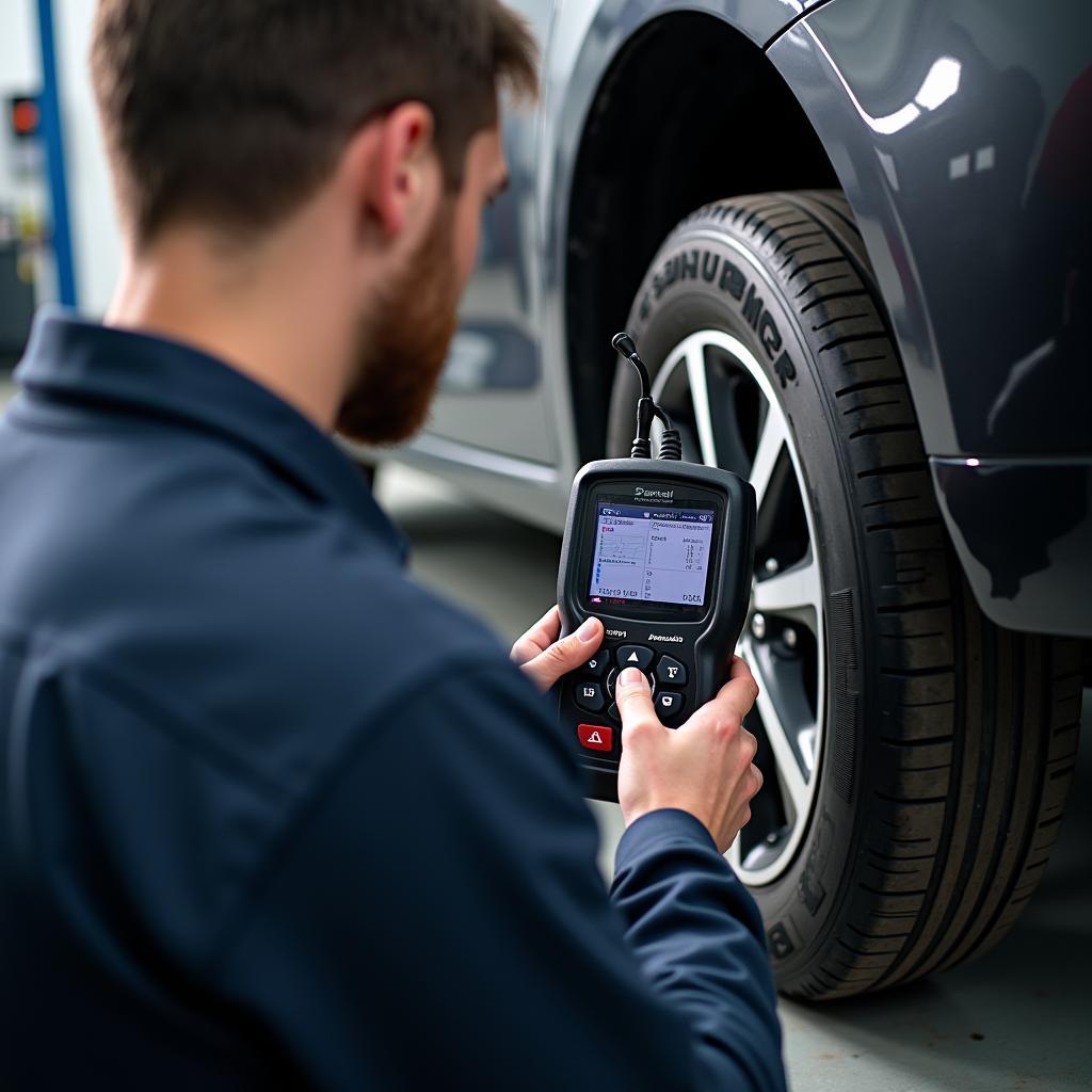 Mechaniker prüft Abgastemperatursensor mit Diagnosegerät