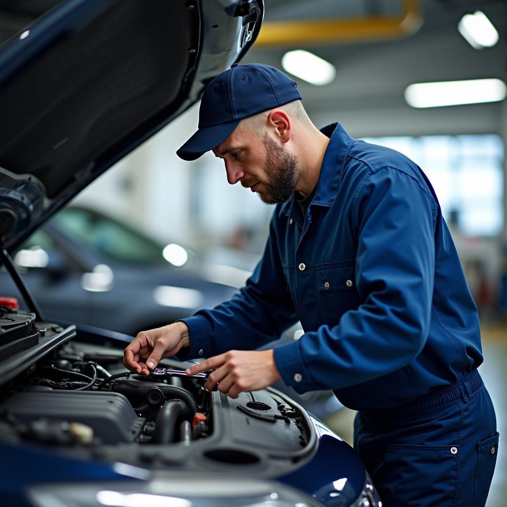 Automechaniker repariert ein Auto in einer Werkstatt