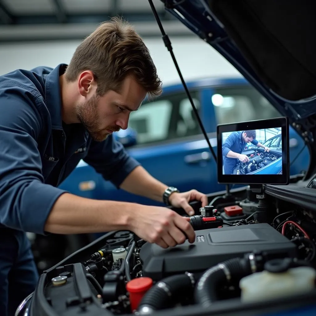 Mechaniker untersucht Motor mit Schwanenhals Kamera