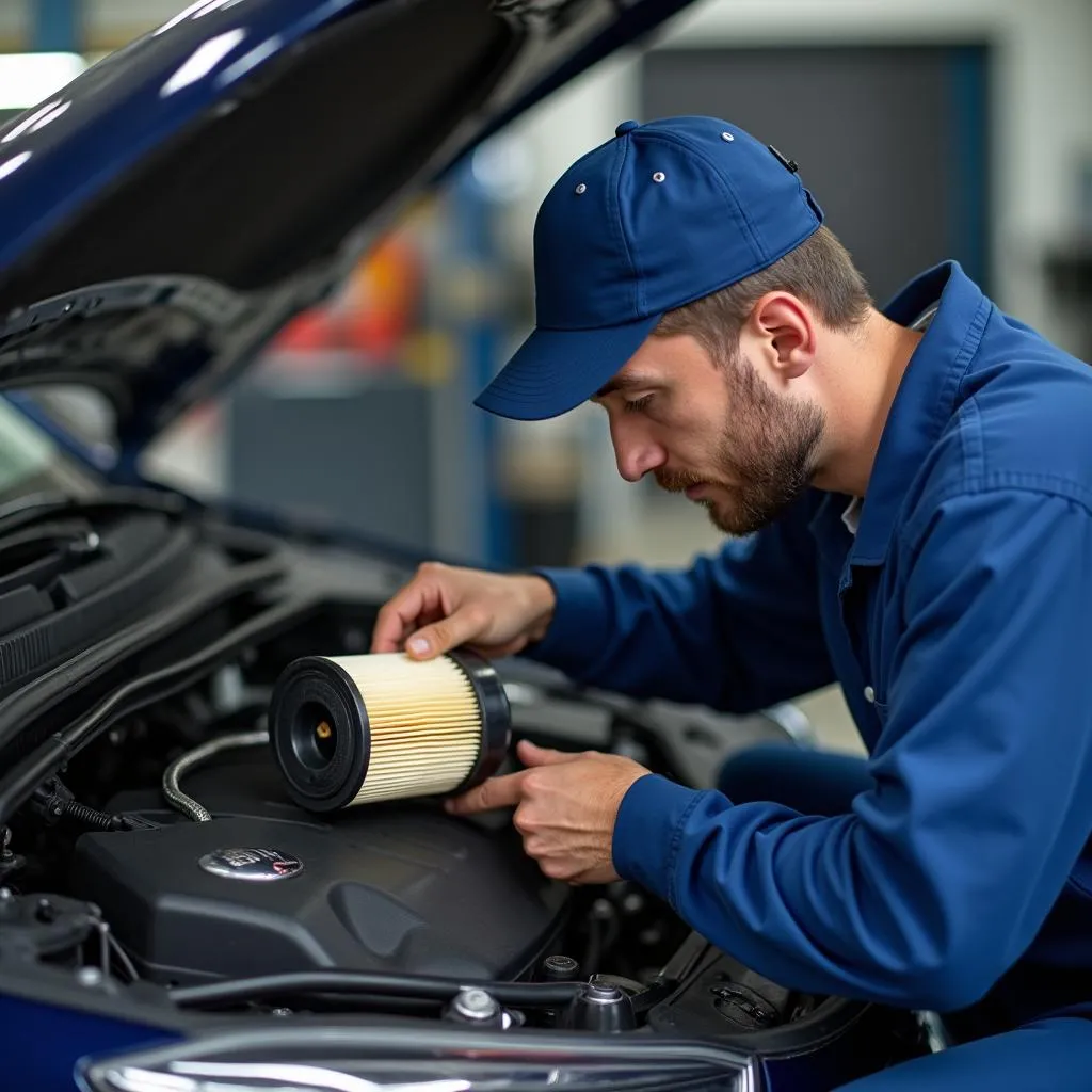 KFZ-Mechaniker bei der Arbeit am Motor