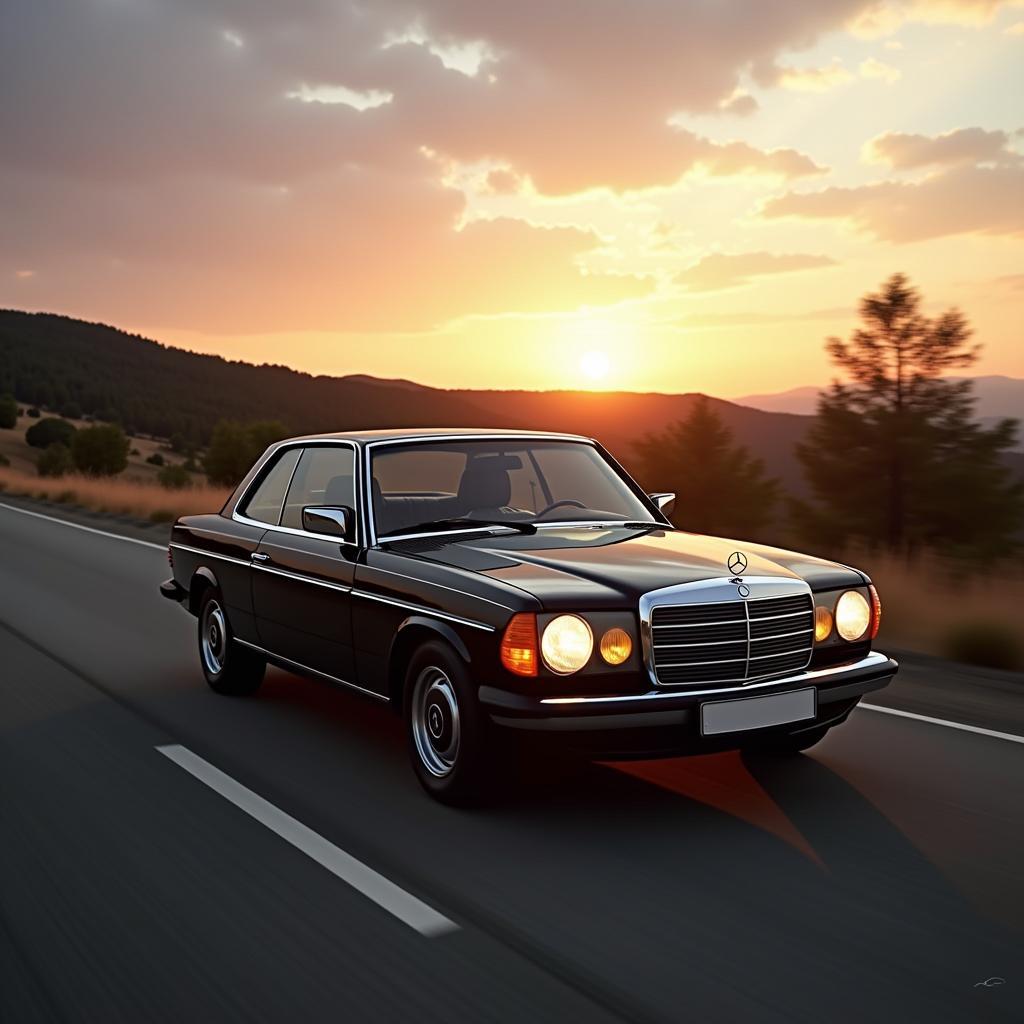 Ein Mercedes-Benz 280CE fährt in den Sonnenuntergang