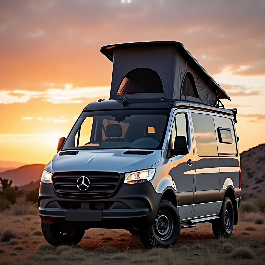 Mercedes T3 als Wohnmobil im Sonnenuntergang